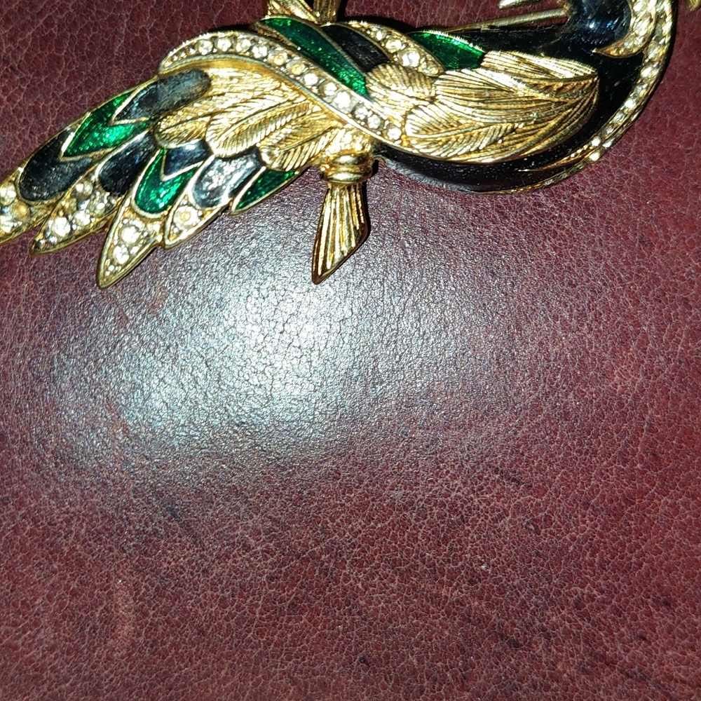 Antique  bird broach green and red gold colours
